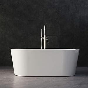 WOODBRIDGE BTA-1506 59" Acrylic Freestanding Bathtub Contemporary Soaking Tub with Brushed Nickel Overflow and Drain, B-0012 / BTA1506