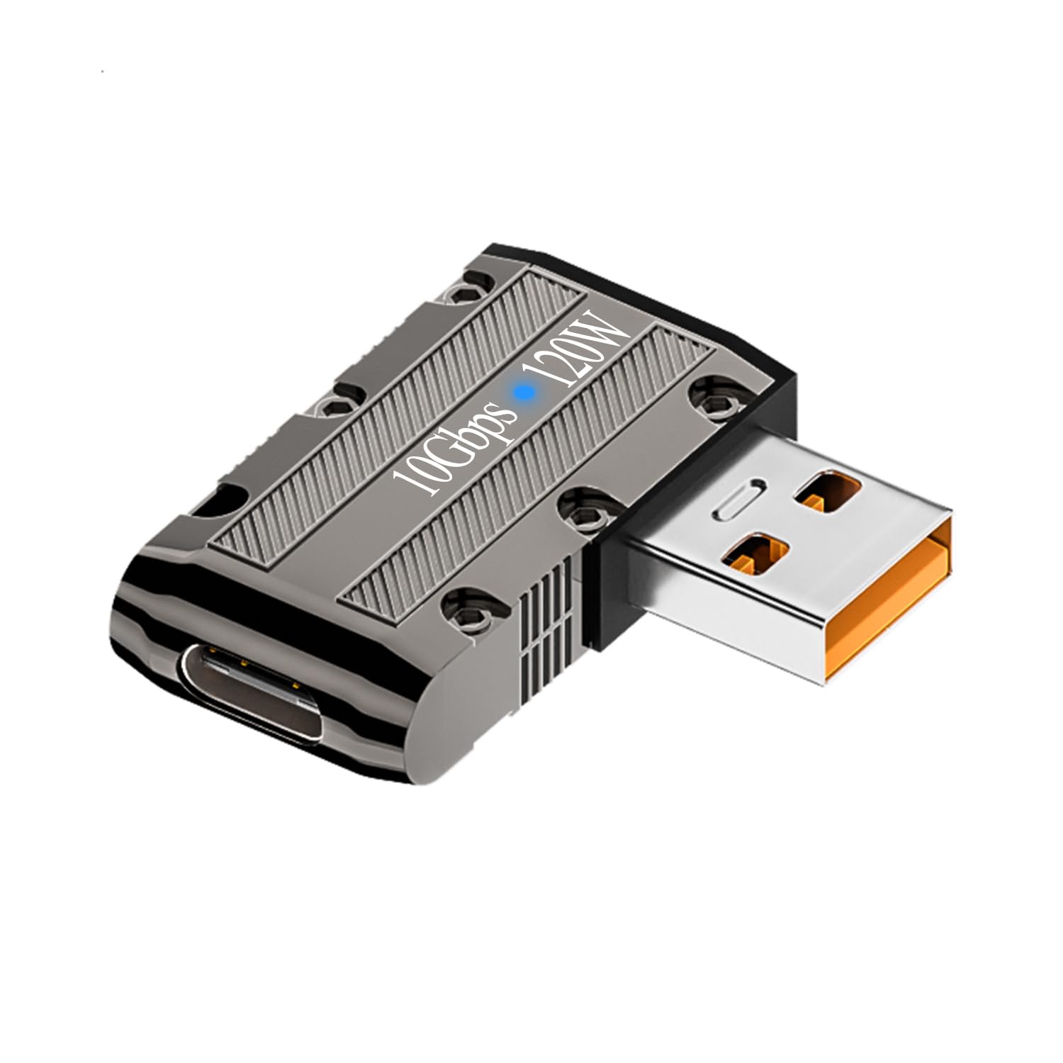 QIANRENON Metal Mecha Style 10Gbps USB3.1 to USB C 90° Angle Adapter 120W USB3.1 Male to USB C Female Right Angle Connector, LED/Hanging Hole, for PC Laptop Wall Charger, Side Bend (C Port to Right)