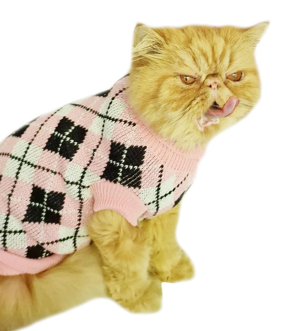 Cute SMALL DOG ONLY Puppy Cat Birthday Christmas Outfit Fleece Winter Girl Boy Jumper Coat Clothes Hoodies Costume Pullover Knitted Knit Sweater Sweatshirt Pink Black Plaid Tartan Argyle Medium