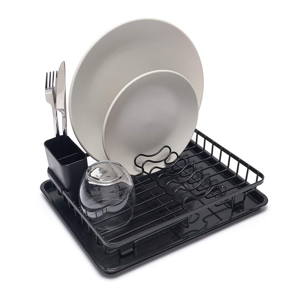 simplywire – Compact Dish Drainer – Plate Drying Rack with Drip Tray & Cutlery Basket – Small - Black Powder Coated Steel