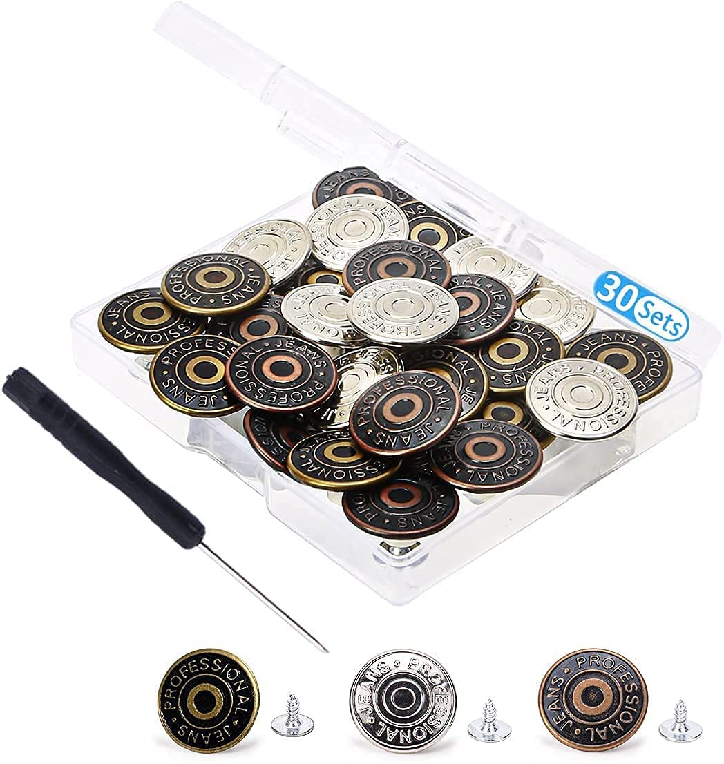 30 Sets Replacement Buttons 17mm Buttons for Jeans in Storage Box (Bronze,Silver,Copper)