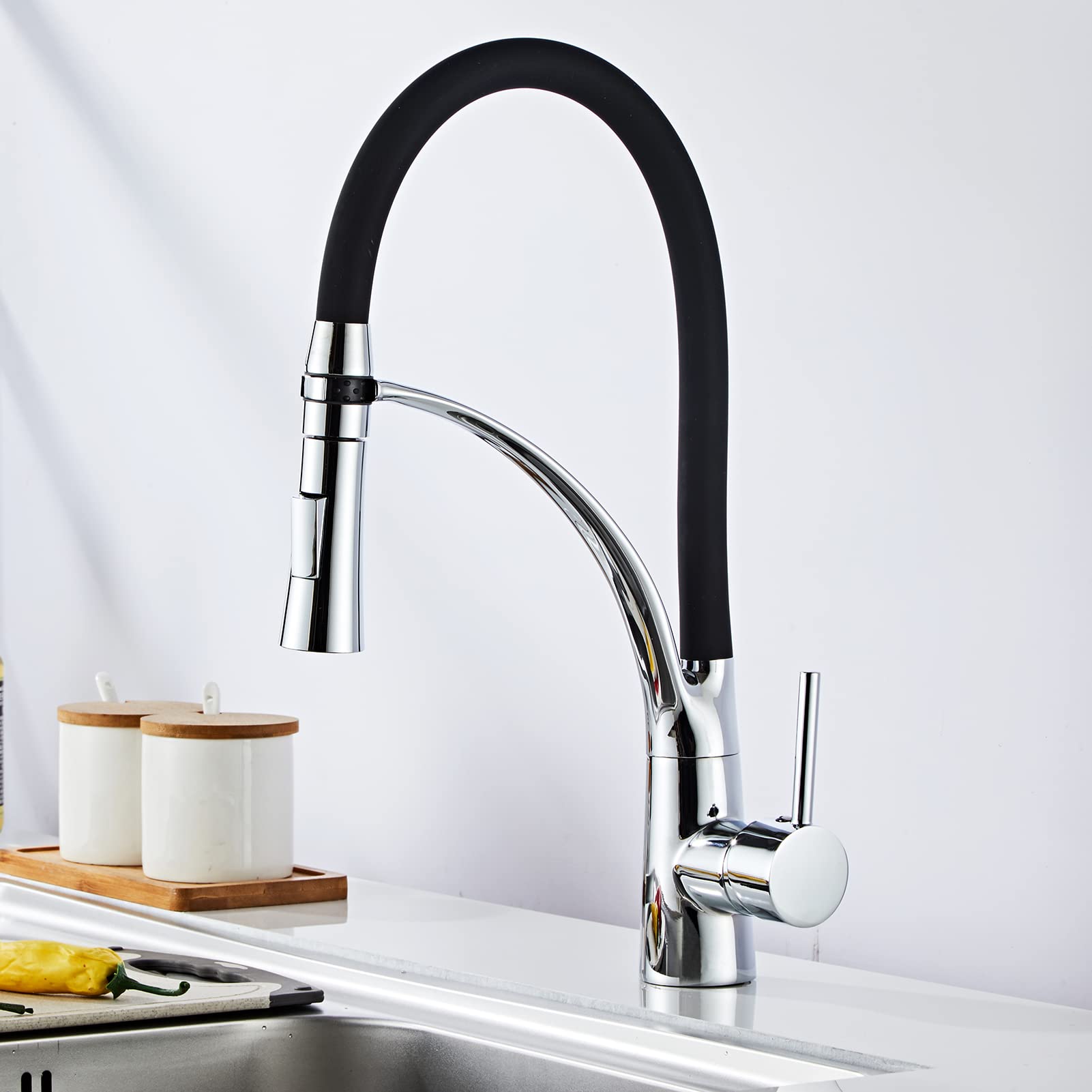 Achelous Kitchen Tap Black Kitchen Tap with 360° Rotatable Black Silicone Soft Hose, 2 Jet Types, Modern Mixer Tap