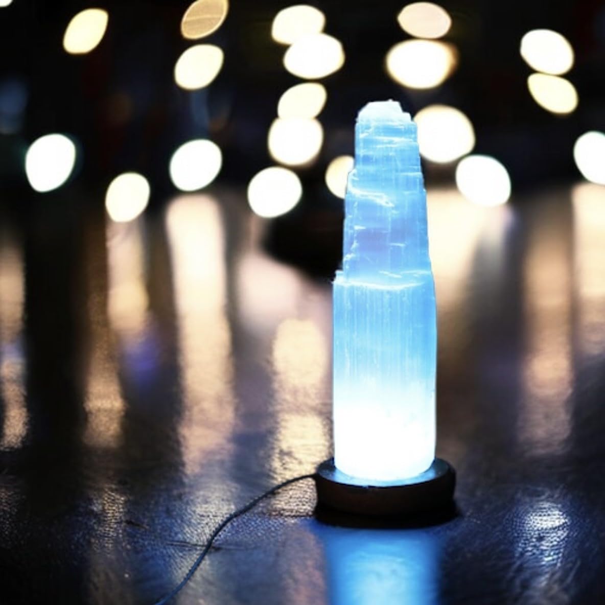 4All Selenite Crystal Rock LED USB Lamp Handmade Multi-Colour Mountain Tower Lamp Spiritual Energy and Healing Meditation Home Decoration Gifts Table Lamp Mineral Wooden Base (15cm)