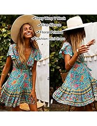 Vestido corto de mujer con cuello en V, estilo étnico con estampado floral bohemio vintage, volantes, dobladillo abierto, línea A, playero de manga corta