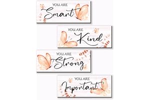 DONFENTHY 4 Pcs Butterfly Wall Decor Orange Room Decor Wooden Positive Decor with Butterfly Inspirational Word Sign for Teen Girls Women Room Bathroom Bedroom Office Decor(Orange10x4Inch)
