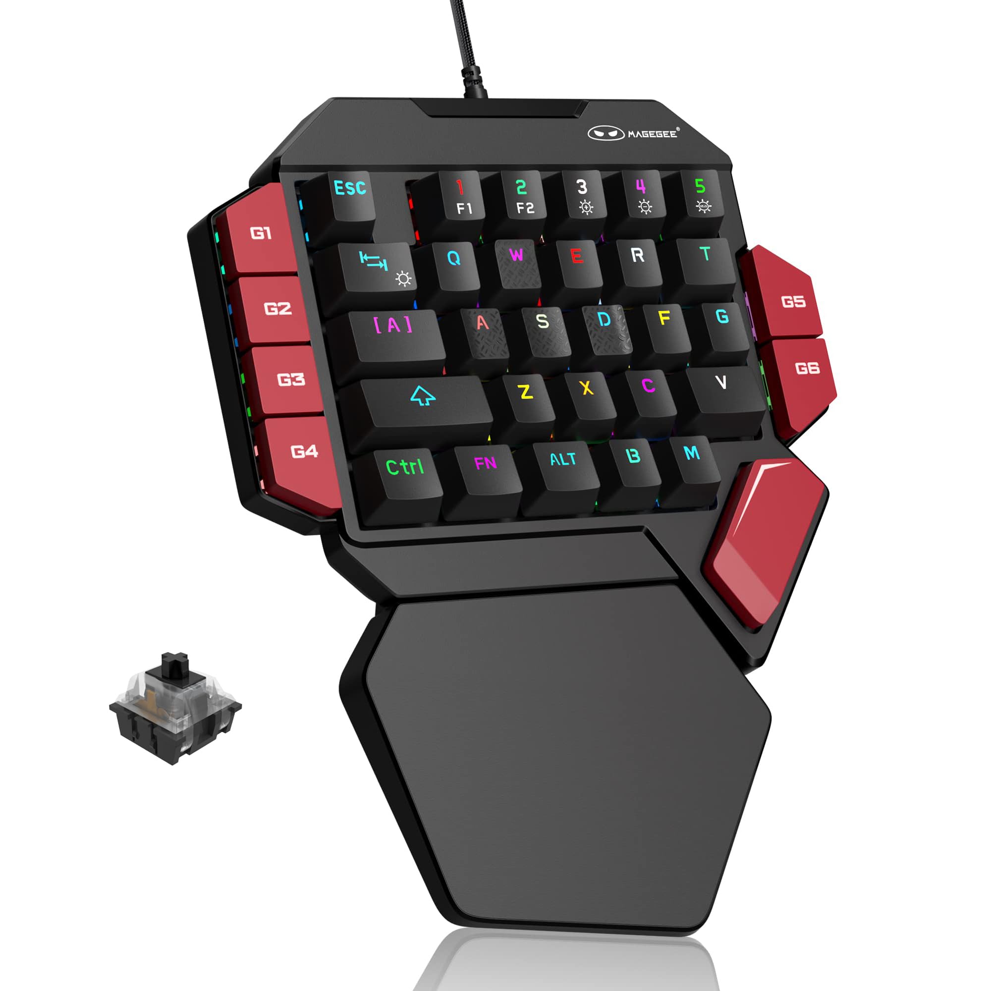 MageGee One Handed Professional Gaming Keyboard, RGB Backlit 35 Keys Mini Wired Mechanical Keyboard with Black Switch for PC Gamer, Support 6 Macro Keys - Black/Red