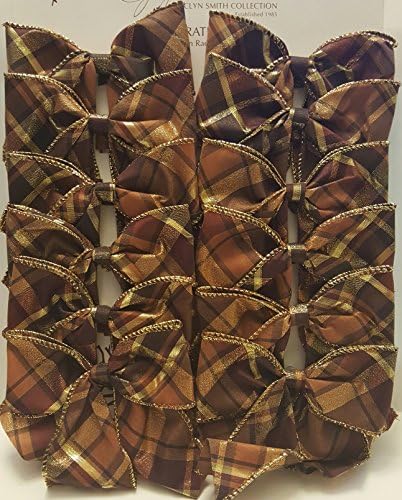 Jaclyn Smith Wired Decorative Bow Collection Plaid Brown Gold Themed 4 in X 6 in (total of 12 bows) Holiday Decoration Trimming