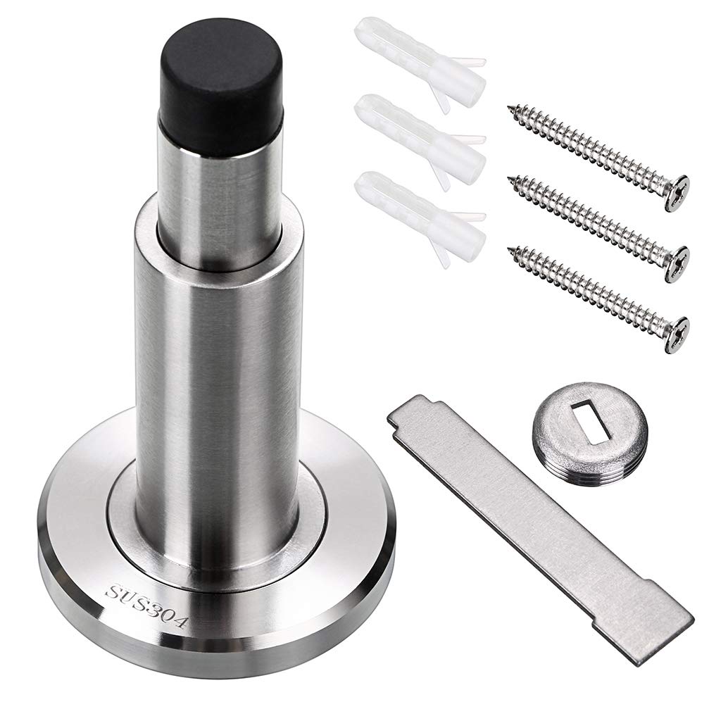 Sumnacon Sturdy Adjustable Door Stopper - Stainless Steel Modern Door Stop with Rubber Buffer, Wall Mounted Metal Doorstop with Hardware for Home Office, Silver