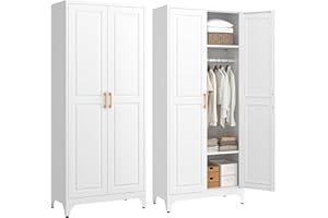 SteeLoong Metal Wardrobe Cabinet with Hanging Rod, 71" Tall Armoire Wardrobe Closet with 2 Doors and Adjustable Shelves, White Clothing Storage Cabinets for Bedroom, Laundry Room, Cloak Room