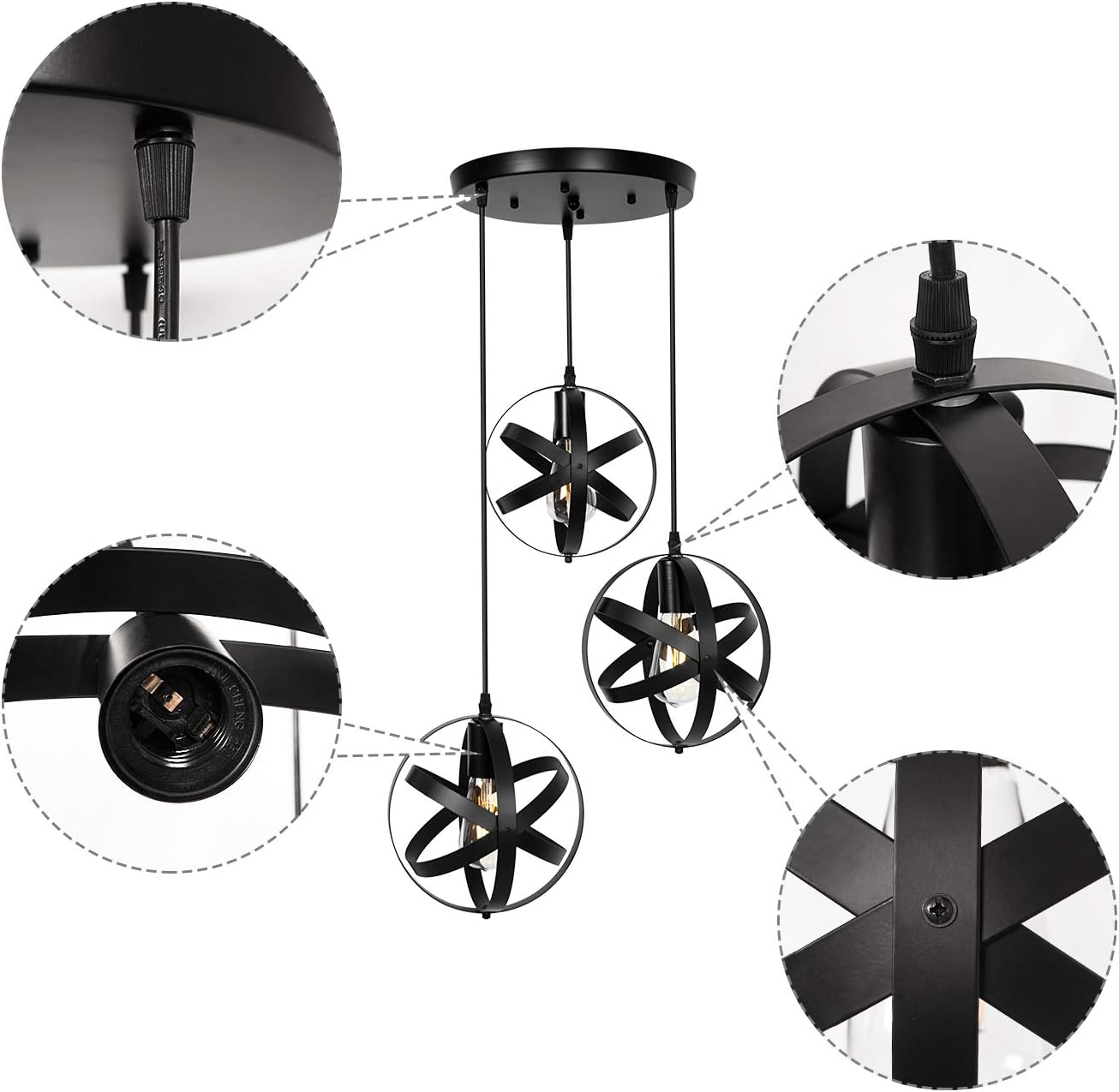 3-Light Black Pendant Lighting Farmhouse Globe Chandelier Rustic Hanging Lighting Fixture for Kitchen Island Dining Room Living Room Bedroom Foyer - - 