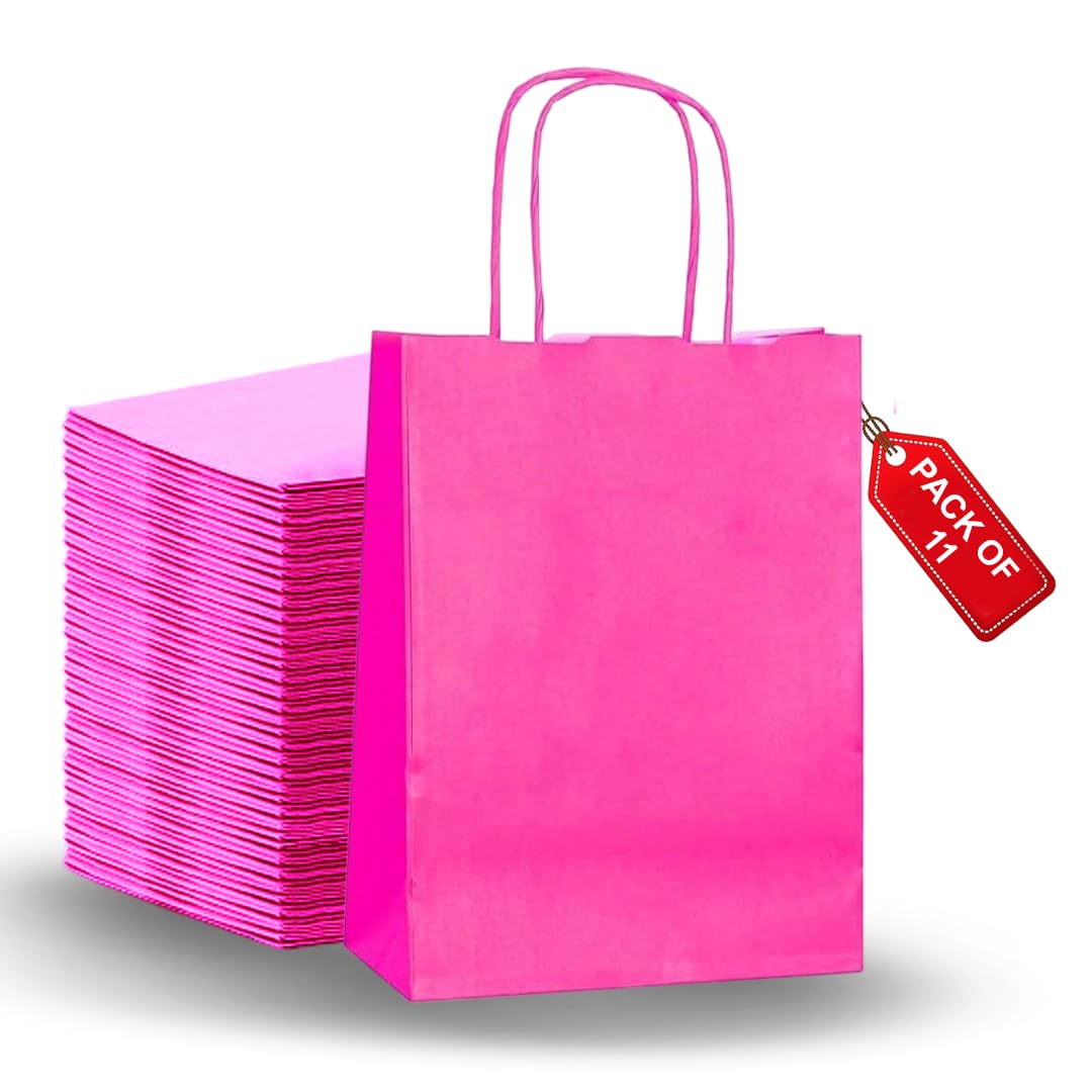 SMALL 11 Pcs Paper party bags for kids party - Gift carrier with twisted handles - Pink gift bags Perfect for Thanksgiving, Anniversary, Kids Birthday, Weddings, Baby Showers (31×21×11 CM)