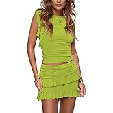 HESUUIO Women's Two Piece Skirt Set Summer High Waist Ruffle Y2K Mini Skirts Sleeveless Crop Tops Going Out Outfits