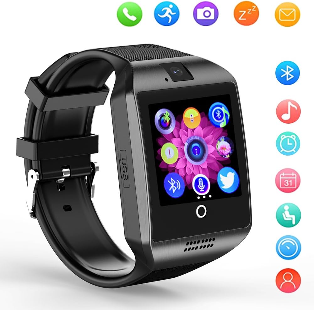 Bluetooth Smart Watch Q18 Support Sleep Monitor Pedometer Sweatproof Touchscreen Smartwatches SHFY with Camera Compatible with iOS iPhone Android Phones for Men Women Kids Boys Girls (Black)