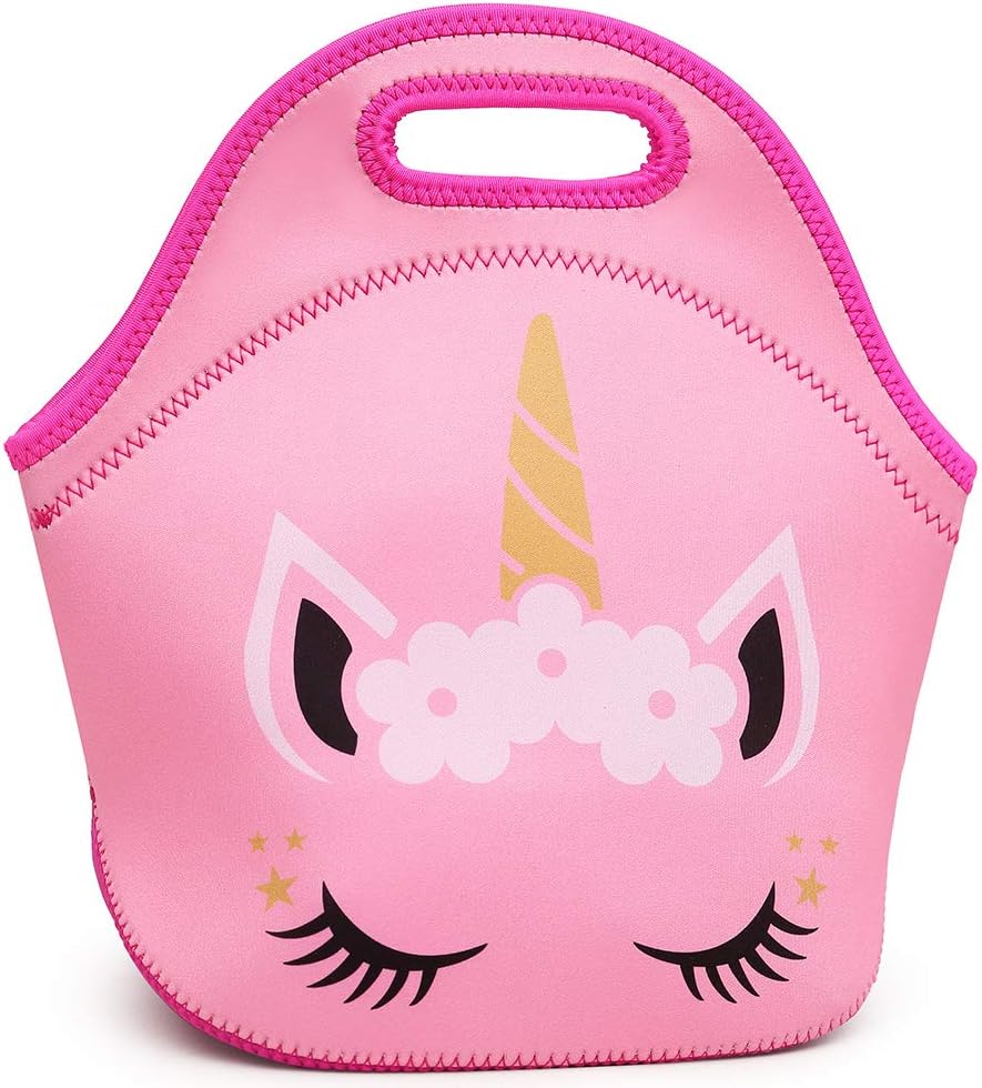 MoonmoCat Face Unicorn Face Insulated Neoprene Lunch Bag for Women and Kids - Reusable Soft Lunch Tote for Work and School (Unicorn Pink)
