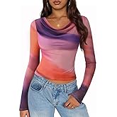 ZESICA Womens Floral Mesh Long Sleeve Tops 2026 Fall Cowl Neck Slim Fit Going Out Y2k Shirts Trendy Date Night Outfits