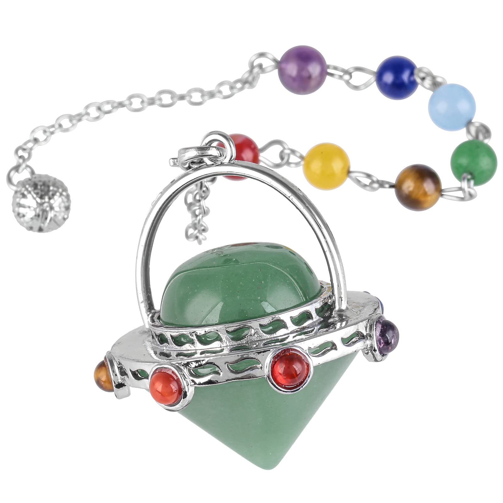 Nupuyai 7 Chakra Green Aventurine Crystal Quartz Point Pendulum for Divination Dowsing Scrying, Energy Healing Stone Pendulum with Beads Chain