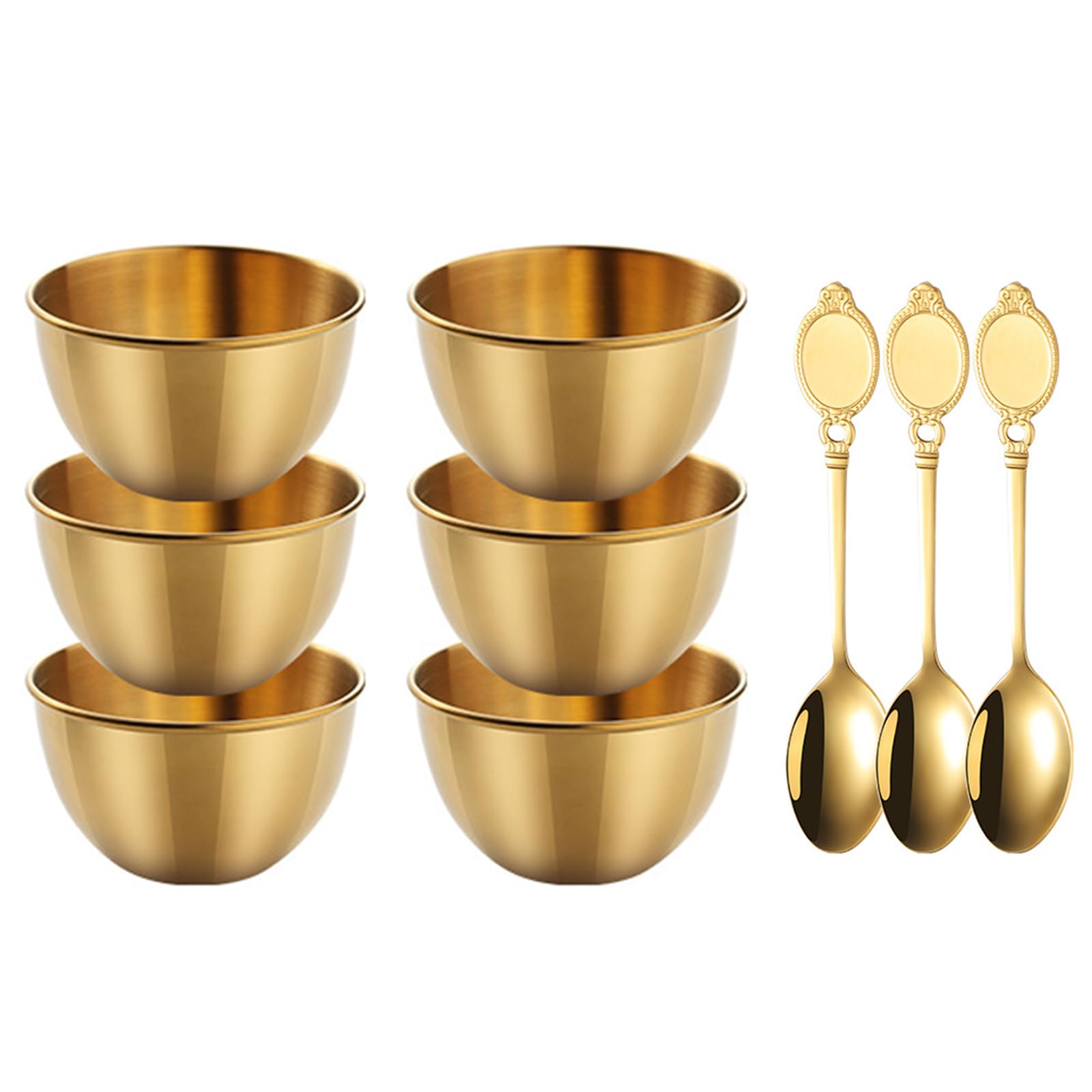 soulnioi Dipping Bowls Set of 6, Stainless Steel Sauce Dishes, Mini Round Seasoning Dishes, Sushi Soy Snack Bowls for Home Restaurant, Incl 3 Spoon - 8.5cm Diameter/Gold