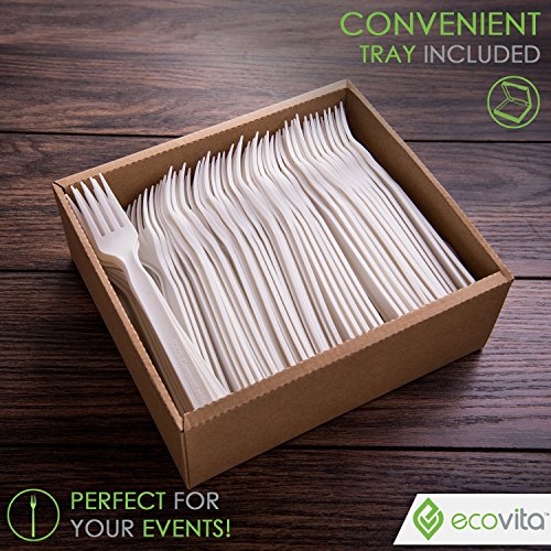 100% Compostable Disposable Forks Biodegradable Cutlery Set - 140 Large Utensils (7 in.) EcoFriendly Durable and Heat Resistant with Convenient Tray by Ecovita