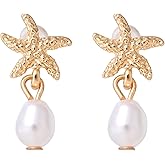 Starfish Pearl Earrings for Women, Gold Shell Star Fish Stud Earrings Chunky Drop Dangle Earring for Summer Beach Dangling Jewelry