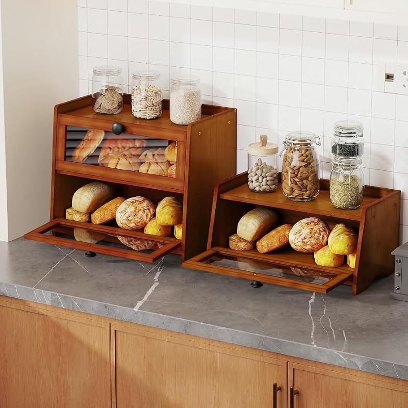 Caixa de pão para o balcão da cozinha, caixa de pão de bambu para pão caseiro, recipiente de madeira para armazenamento de pão, pequena caixa de pão, organizador de pão no balcão, despensa