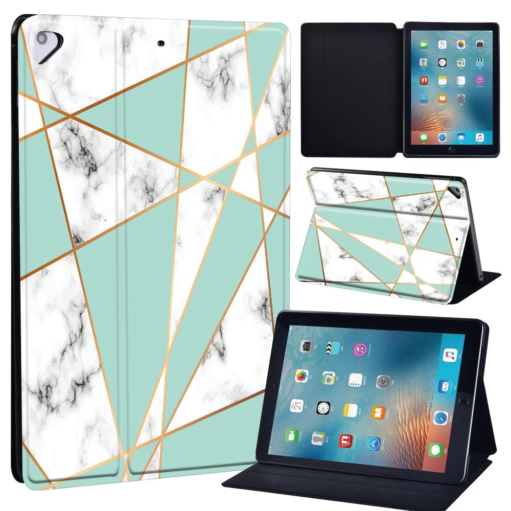 Printed Leather slim lightweight Stand Cover Folio Case for Apple New iPad 9.7 2018 2017(6th Gen, 5th Gen)/iPad Air 2/iPad Air/iPad Pro 9.7 Tablet with Auto Wake/Sleep (green geometric marble)