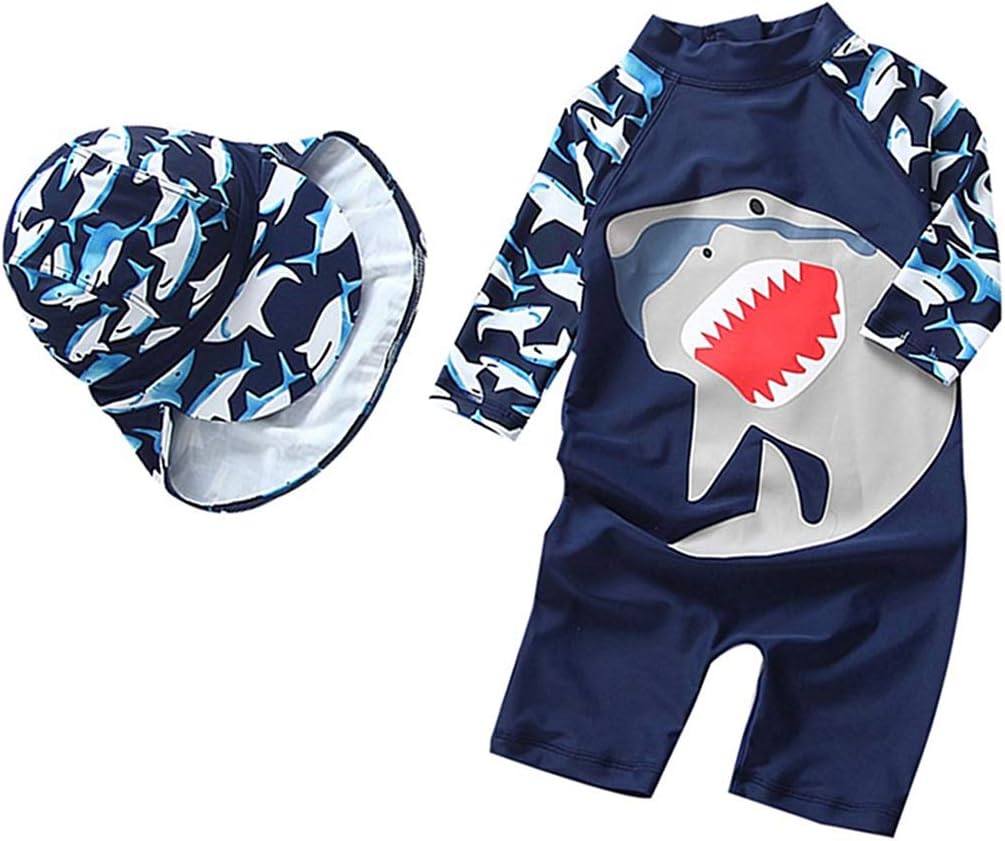 Baby Toddler Boy One Piece Swimsuit Set Shark Bathing Suit Swimwear with Hat for Kids Girls FBA (Shark, 18-24 Months)
