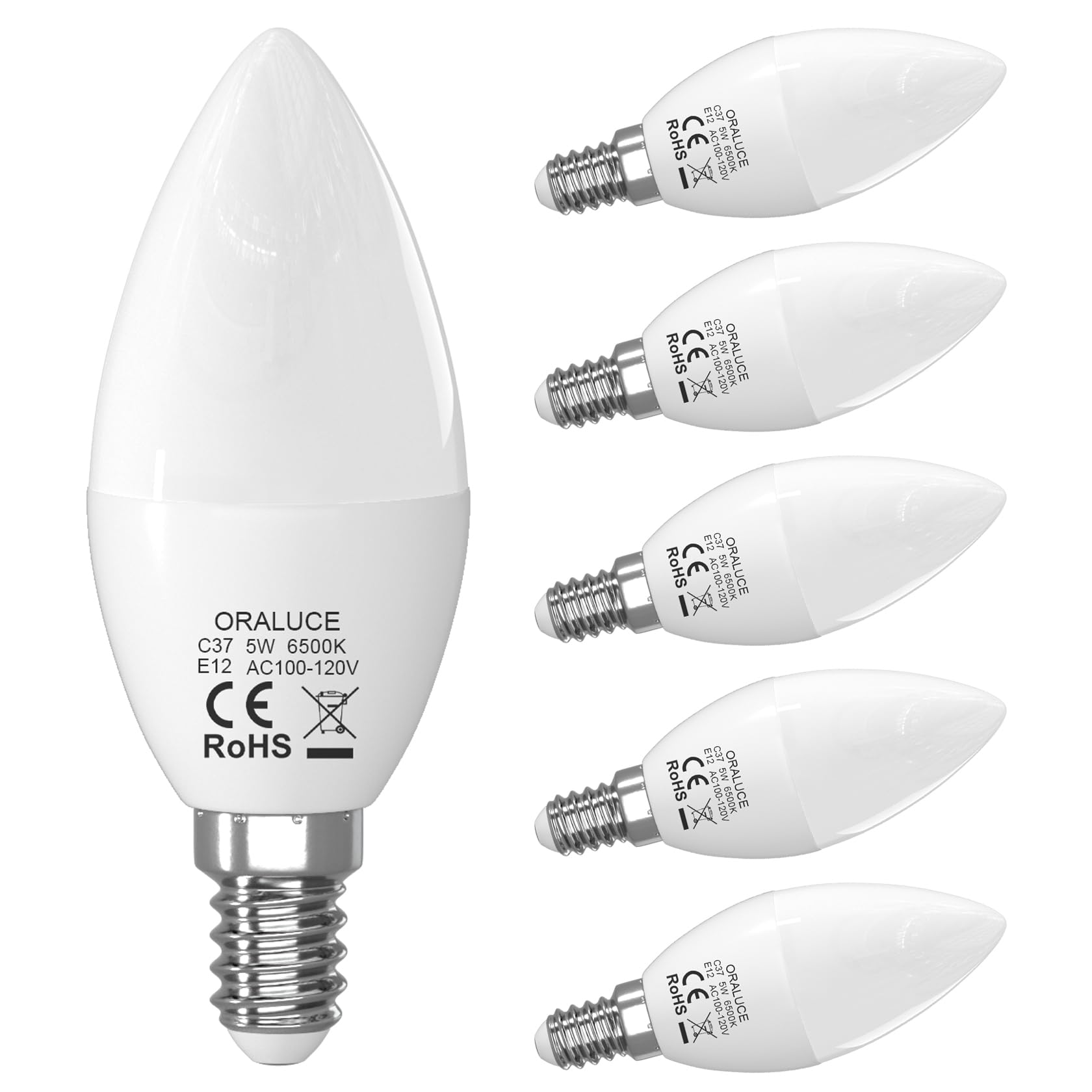 Photo 1 of ORALUCE E12 LED Candelabra Light Bulbs - 40 Watt Equivalent, 6500K Cool White Chandelier Light Bulbs Non-dimmable, Type B Light Bulb for Ceiling Fan, 5W 450LM 6 Pack