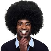BECUS Afro Wig Human Hair, Mens Black Afro Wig 70s Disco Style, Black Mens Wig for Men, Short Curly Afro Costume Wig Halloween Party(Human-#1B)