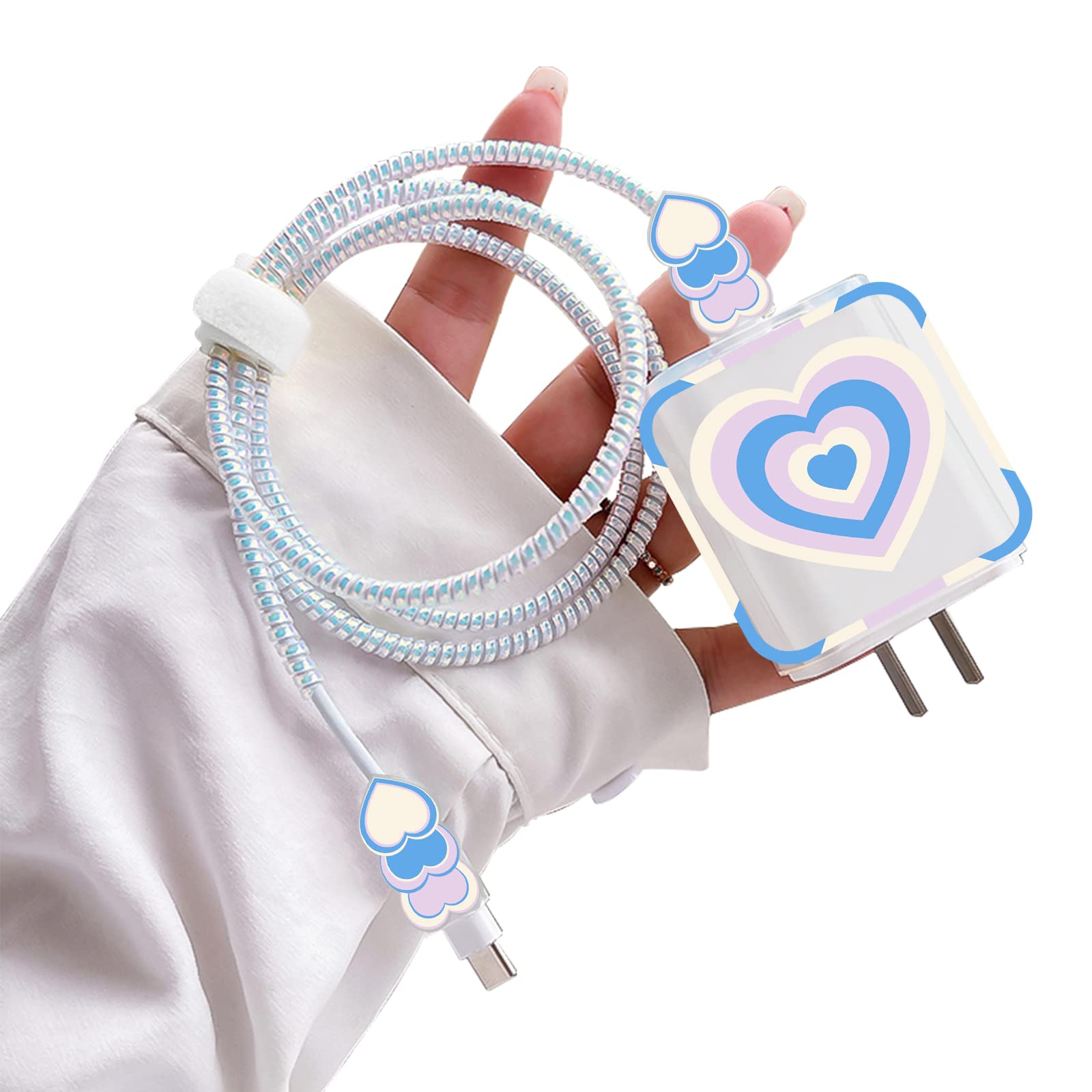 Lovely DIY Phone Cable Protectors Set for iPhone 13 12 11 Pro X Charger with Colorful Love Heart Design, Data Line Wire Saver Phone Cable Charger Protector Cover for iPhone-Grey,Blue,White