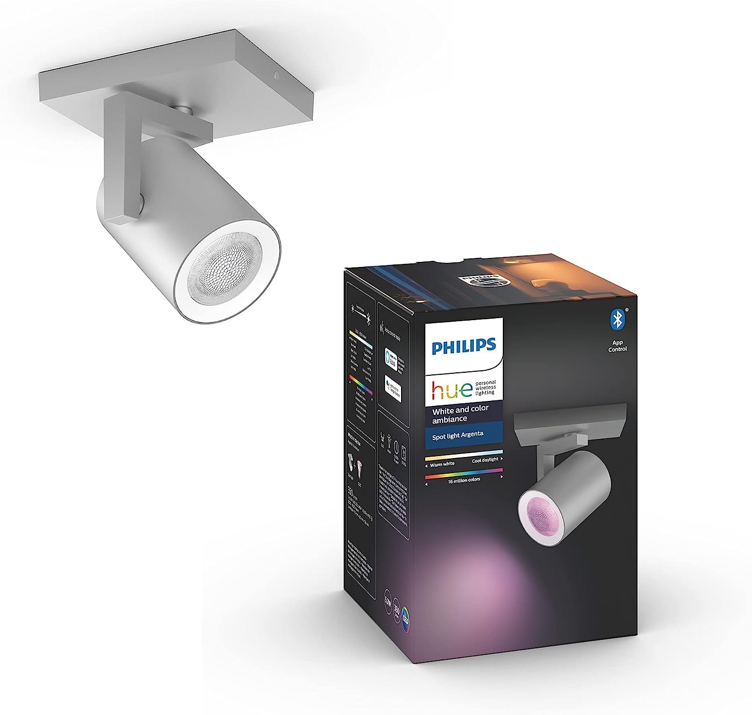 Philips Hue Argenta White and Colour Ambiance Smart Single Ceiling SpotLight LED (GU10) with Bluetooth, White, Works with Alexa, Google Assistant and Apple HomeKit, Aluminium