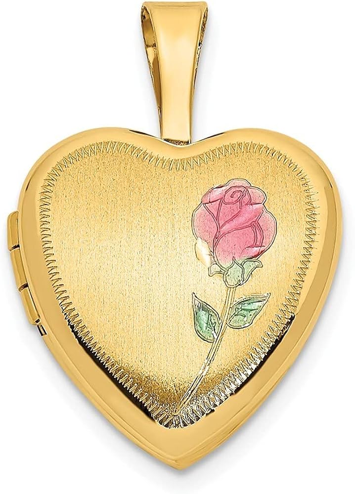 14ct Gold 12mm Satin With Enamel Rose Love Heart Photo Locket Pendant