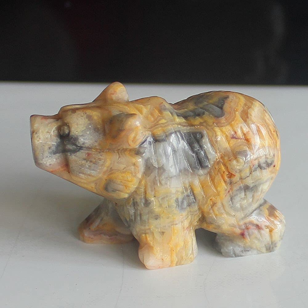 2'' Hand Carved Mixed gemstom Bear Figurine Animal Carving (Crazy lace Agate 2)