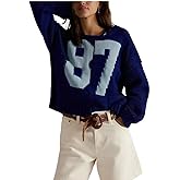 Women Colorblock Number Pullover Sweater Crewneck Long Sleeve Casual Loose Cable Knit Jumper Oversized Fall Top