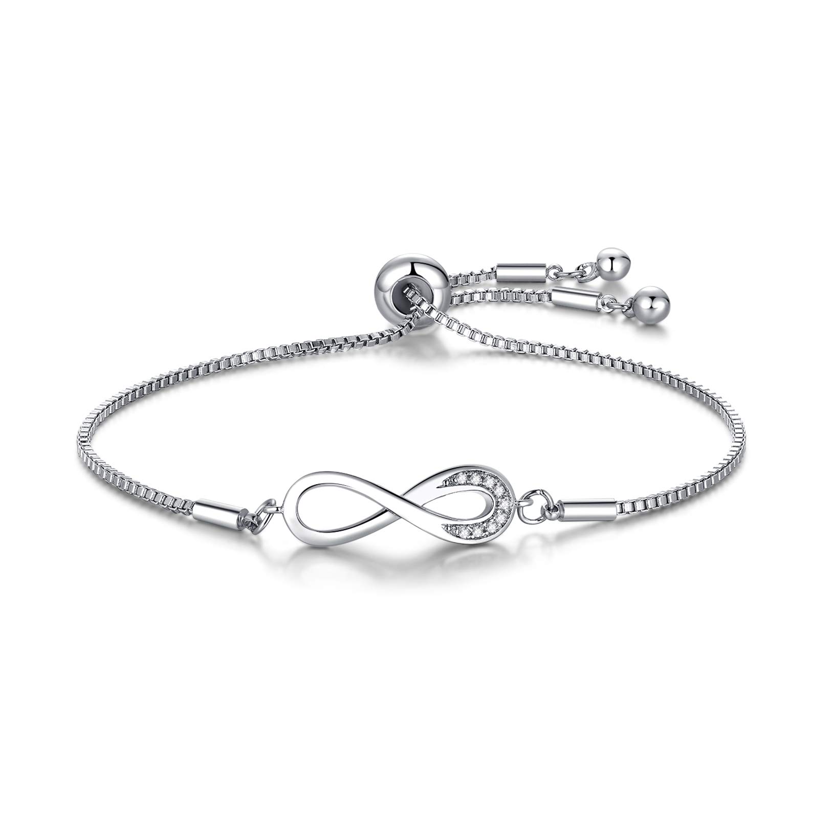 CERSLIMO Silver Bracelet for Women, White Gold Plated Cubic Zirconia Paved Infinity Heart Round Circle Bracelets | Birthday Gift for Girls Ladies Mom Sister Best Friends Girlfriend Adjustable Bracelet