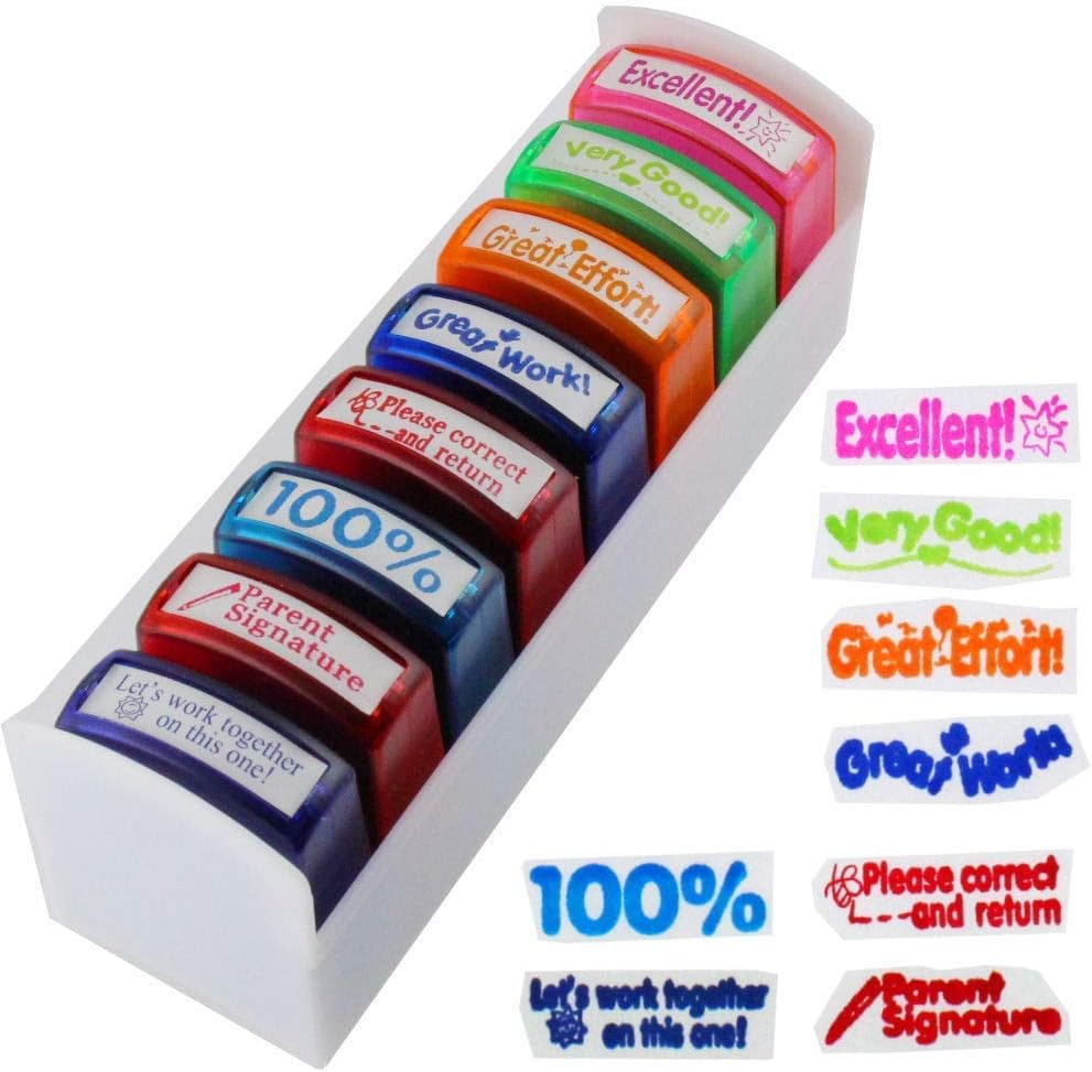 Home Office Business Rubber Stamp - Self Inking Pre-Inked Office Stamp Set, Student Awards & Student Incentives, Self-Inking Motivation School Grading Teacher Stamp Set and Tray (8PCS) : Office Products