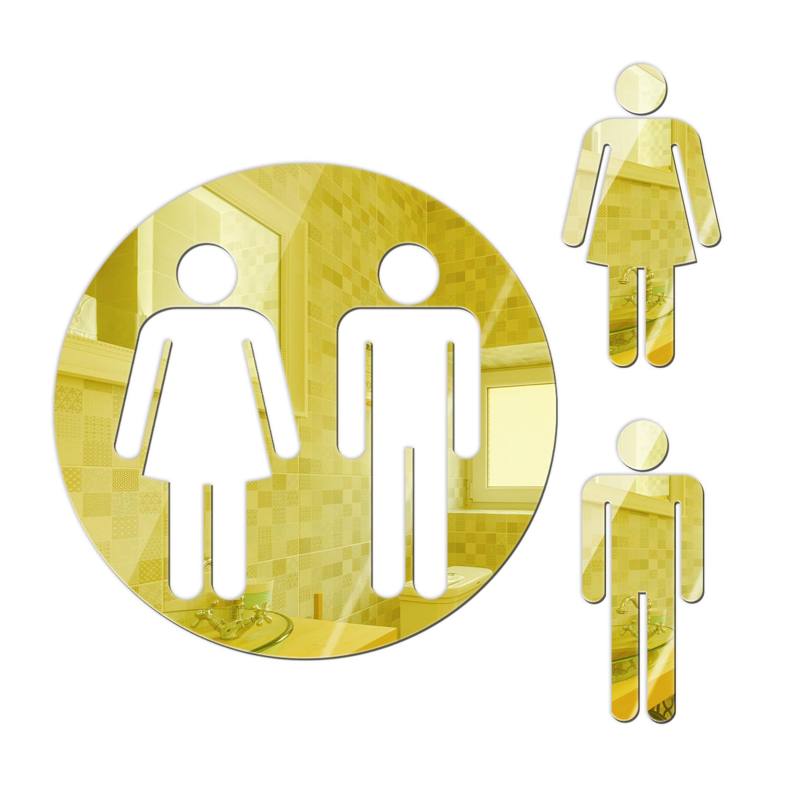 Desuibao All Gender Restroom Sign Peel and Stick, Acrylic Mirror Sticker Gender Neutral Bathroom Signs Wall Decor Decal, Vinyl Unisex Bathroom Door Sign, Men and Women Toilet Sign for Home, Gold