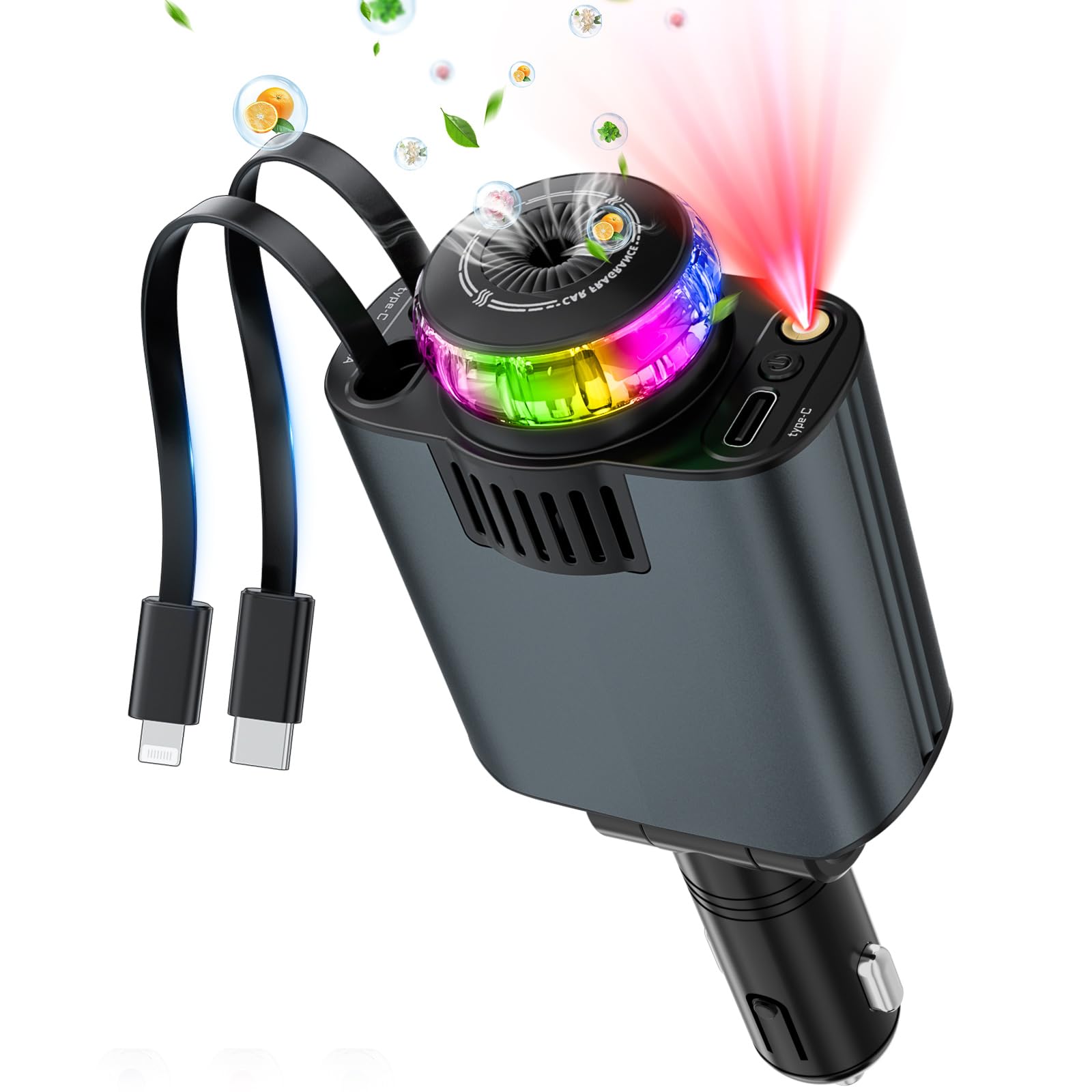 Photo 1 of **CLEARANCE OUT** Starlight Retractable Car Charger with Aromatherapy, 5 in 1 Fast Charging 66W Car Phone Charger Adapter, USB C Car Accessories Compatible with iPhone 16/15/14/13/12/11 and Android (Gray)