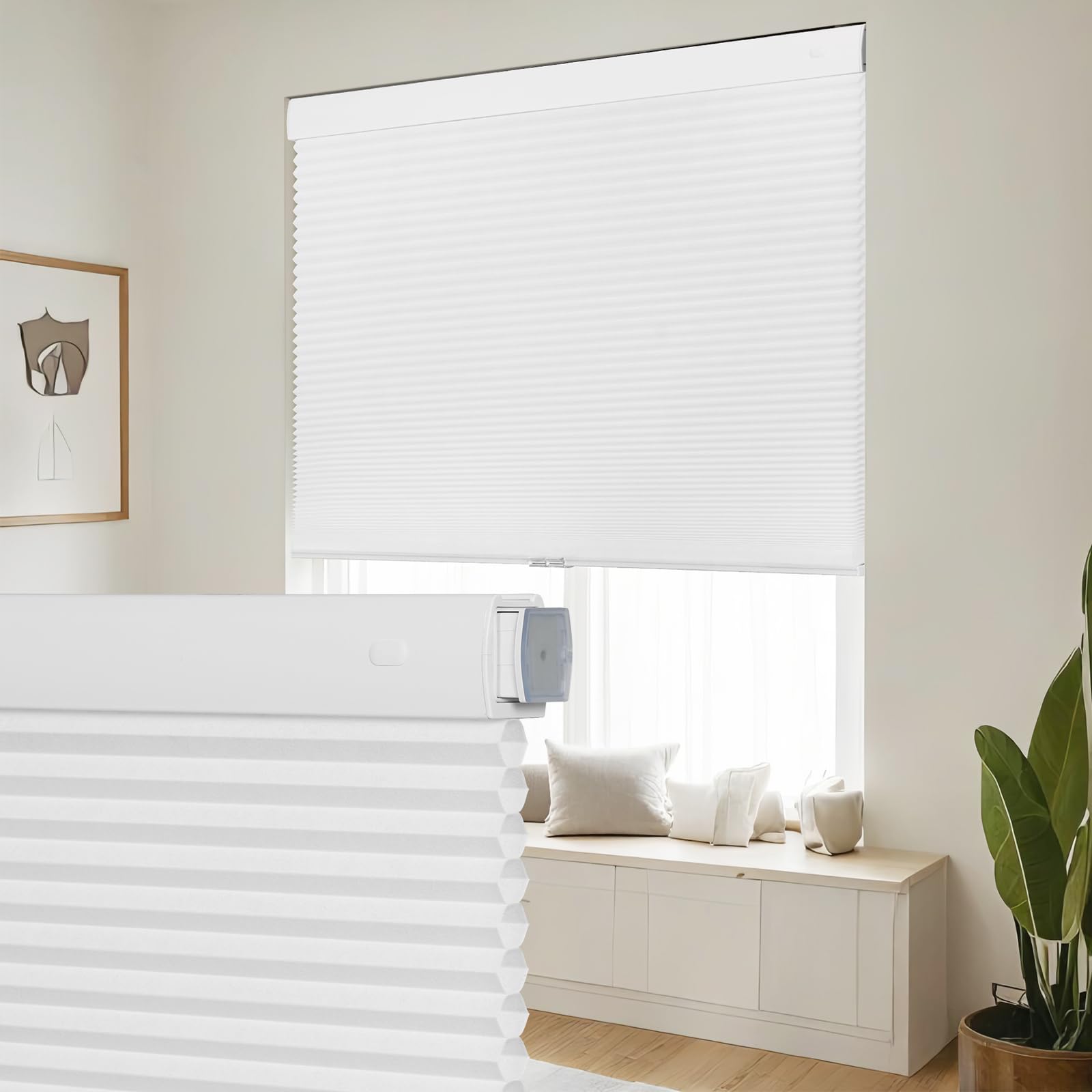 Photo 1 of SEEYE No Drill Cordless Cellular Shades, Light Filtering Honeycomb Blinds for Indoor Window, Thermal Insulated Noise Reduction, Easy Install for Bedroom, Living Room, Office, White (60" W x 64" H)