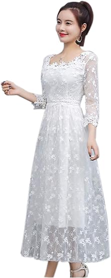 Amazon 娜美衣着 レディース パーティードレス ワンピース ミモレ丈 総レース 結婚式 ワンピース パーティードレス ロング ウエディング レース ドレス透け感あり イブニングドレス 通販