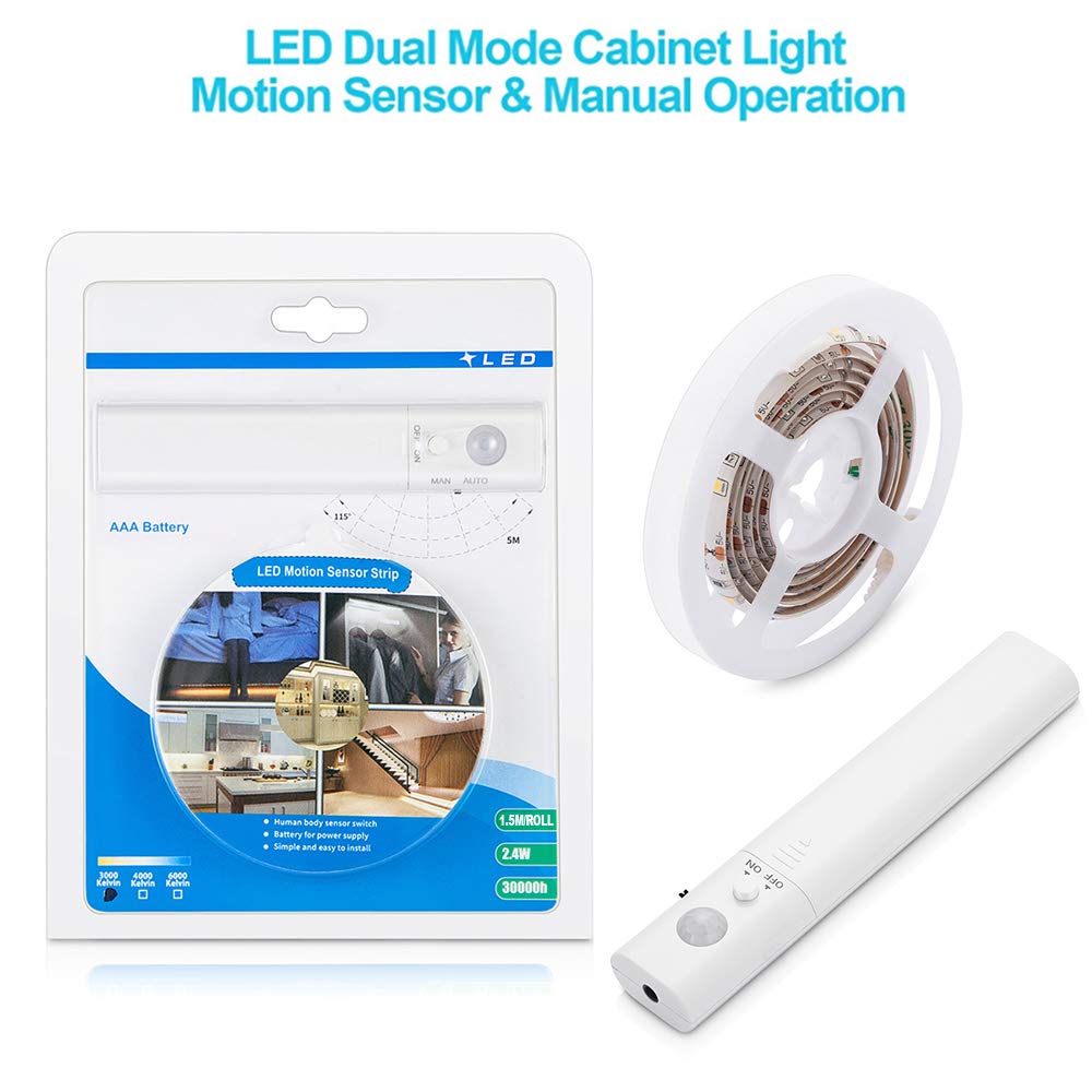 LUXJET® 45LED 1.5M tira luz cuerda,Luz Armario Luz LED Nocturna con Sensor de Movimiento para Pasillo Baño Armario Cocina(funciona con 4 pilas AAA, No Incluidas)