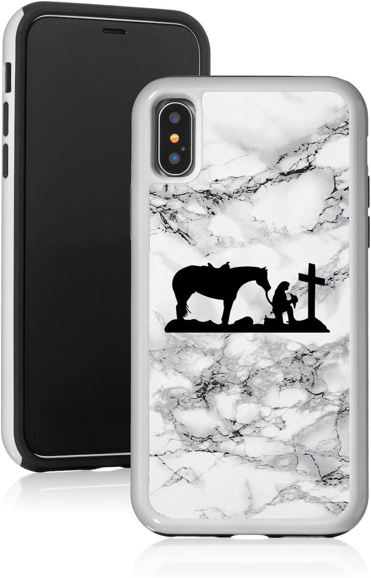 Marble Shockproof Impact Hard Soft Case Cover for Apple iPhone Cowgirl Praying Cross Horse (Black, for Apple iPhone 7 Plus/iPhone 8 Plus)