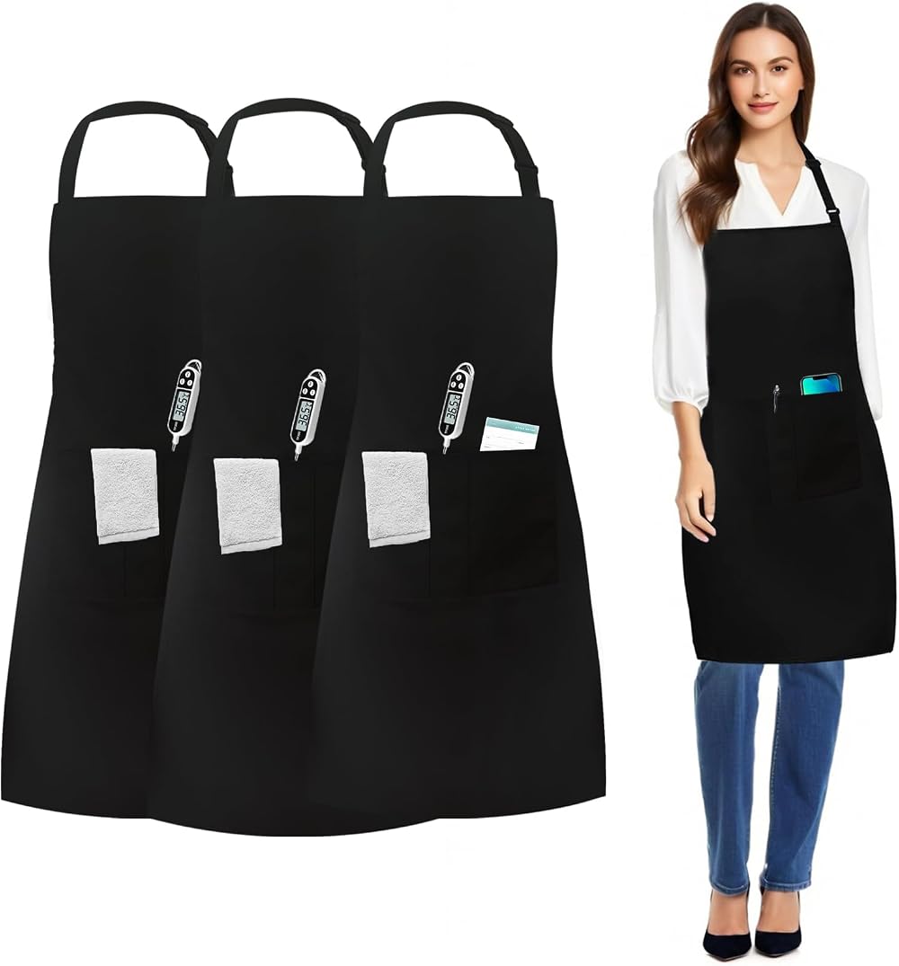 umboom 3 Pack Chef Apron Black Waterproof for Men Women Adjustable 3 Pocket