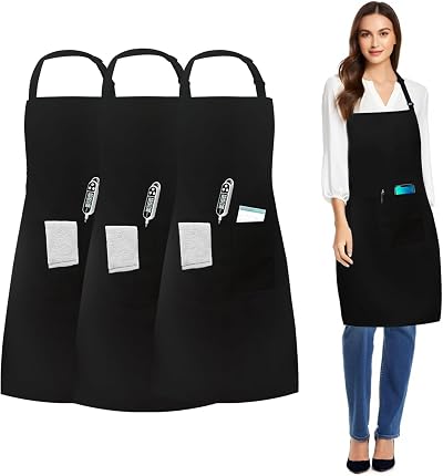 umboom 3 Pack Chef Apron Black Waterproof for Men Women Adjustable 3 Pocket
