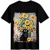 Women's T Shirt Sunflower Black Cat Graphic Tees Floral Animal Short Sleeve Tops Black Women's Crew Neck Ribbed Fitted Shirt