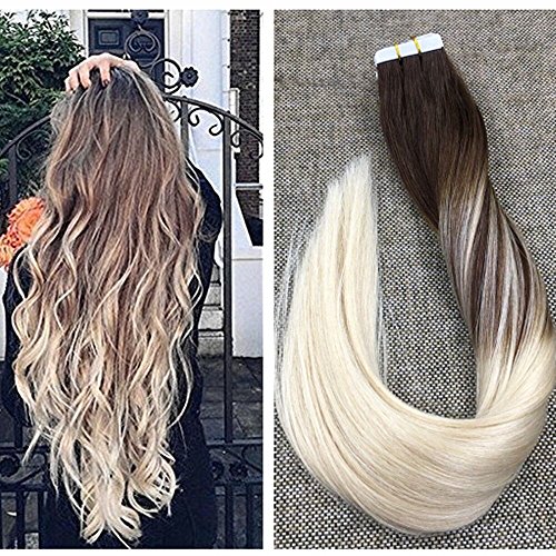 Ugeat 24" Tape Hair Extensions 20Pcs 50Gram Per Package Blonde Tape in Hair Extensions Human Hair Two Tone Color for Salon Quality Hair Tape Hair