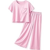Petite&Me Silk Girls Pajamas Kids/Teens 2 Pieces Lounge Sets Short Sleeve Top & Wide-Leg Pants Soft Pjs Loungewear