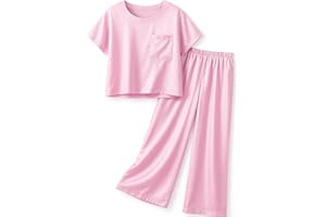 Petite&Me Silk Girls Pajamas Kids/Teens 2 Pieces Lounge Sets Short Sleeve Top & Wide-Leg Pants Soft Pjs Loungewear