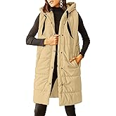 Grlasen Women's Long Quilted Puffer Vest Sleeveless Hooded Button Down Padded Coats Jacket Outerwear with Pockets