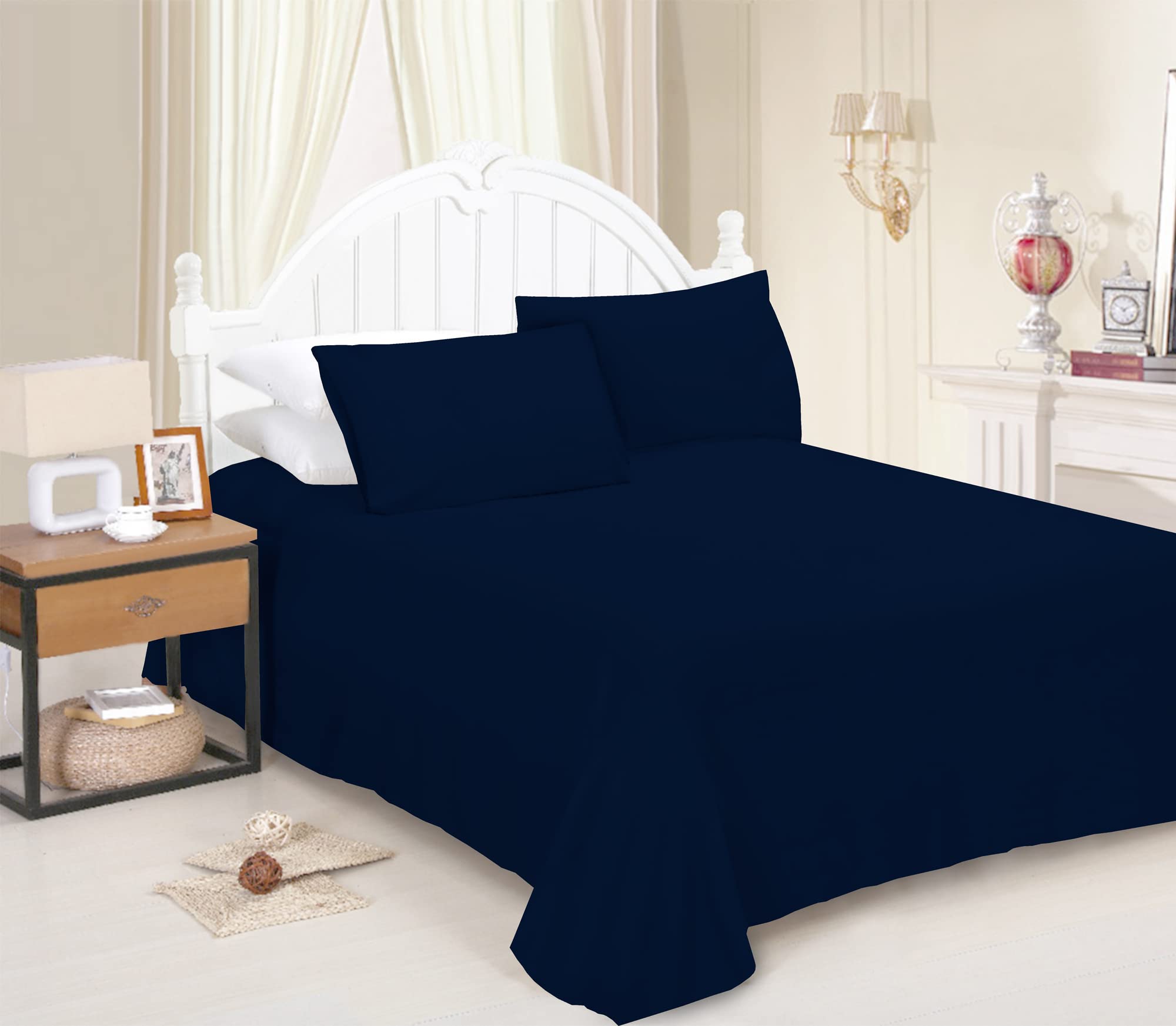 JRI® Flat Sheet- Luxurious Bed Sheet-Breathable-Hypoallergenic-Comfortable Poly Cotton Flat Sheet-Soft Touch Wrinkle Free (Navy Blue-King) - (Same Day Dispatch)