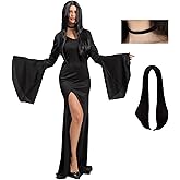 Morticia Addams Costume with Wig Black Gothic Vintage Witch Dress Womens Halloween Costumes Party Dress